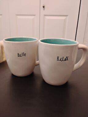 [Set Of 2] Rae Dunn "Hello" + "Relax" White Cream Mugs  with Teal Interior